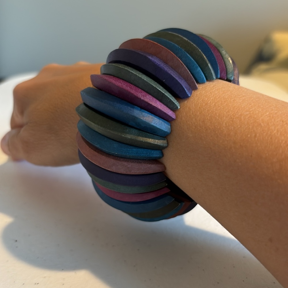 Chunky wooden bracelet in muted jewel tones-unique item